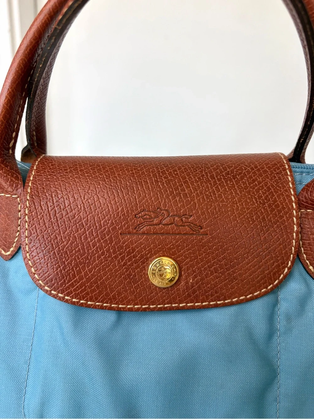 Longchamp Le Pliage Top-Handle Tote in Light Blue w Brown leather, GUC - Picture 4 of 16